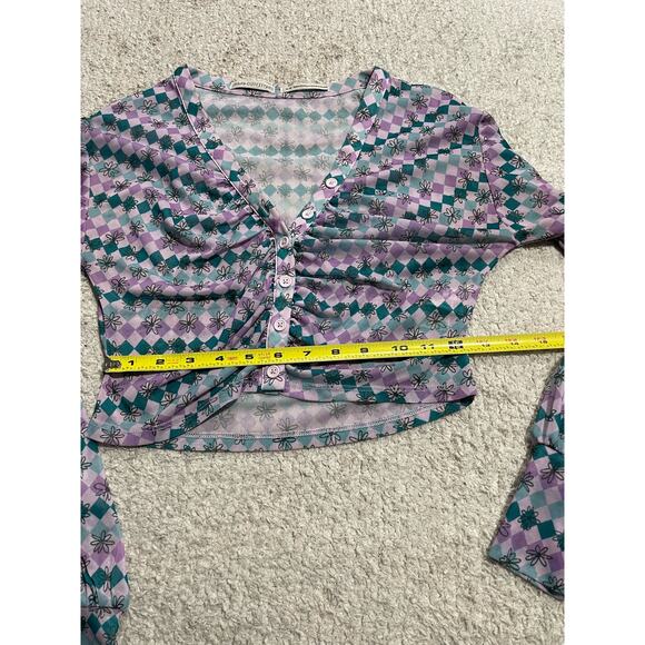 Urban Outfitters Y2K Mesh Cropped Ruched Button Up Top Womens Medium Purple Blue - Picture 8 of 15
